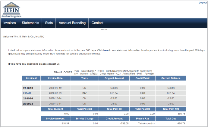 Screenshot of a user statements within the customer service web portal